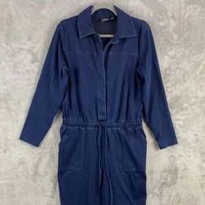 Stretchy indigo denim drawstring jumpsuit